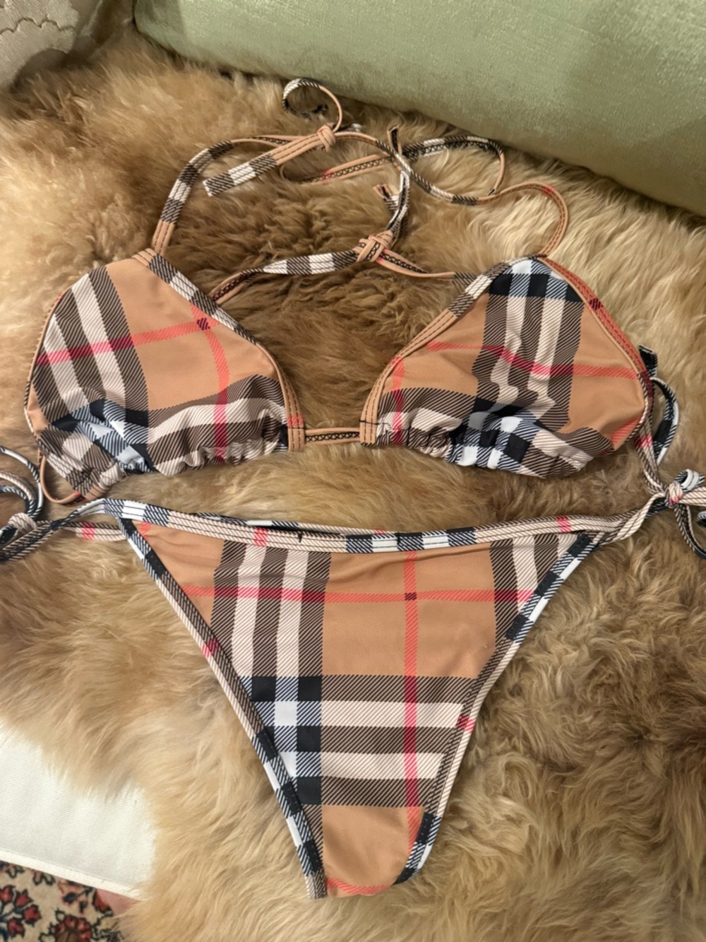 Burberry Beige Plaid Triangle String Bikini Set - Picture 3 of 10
